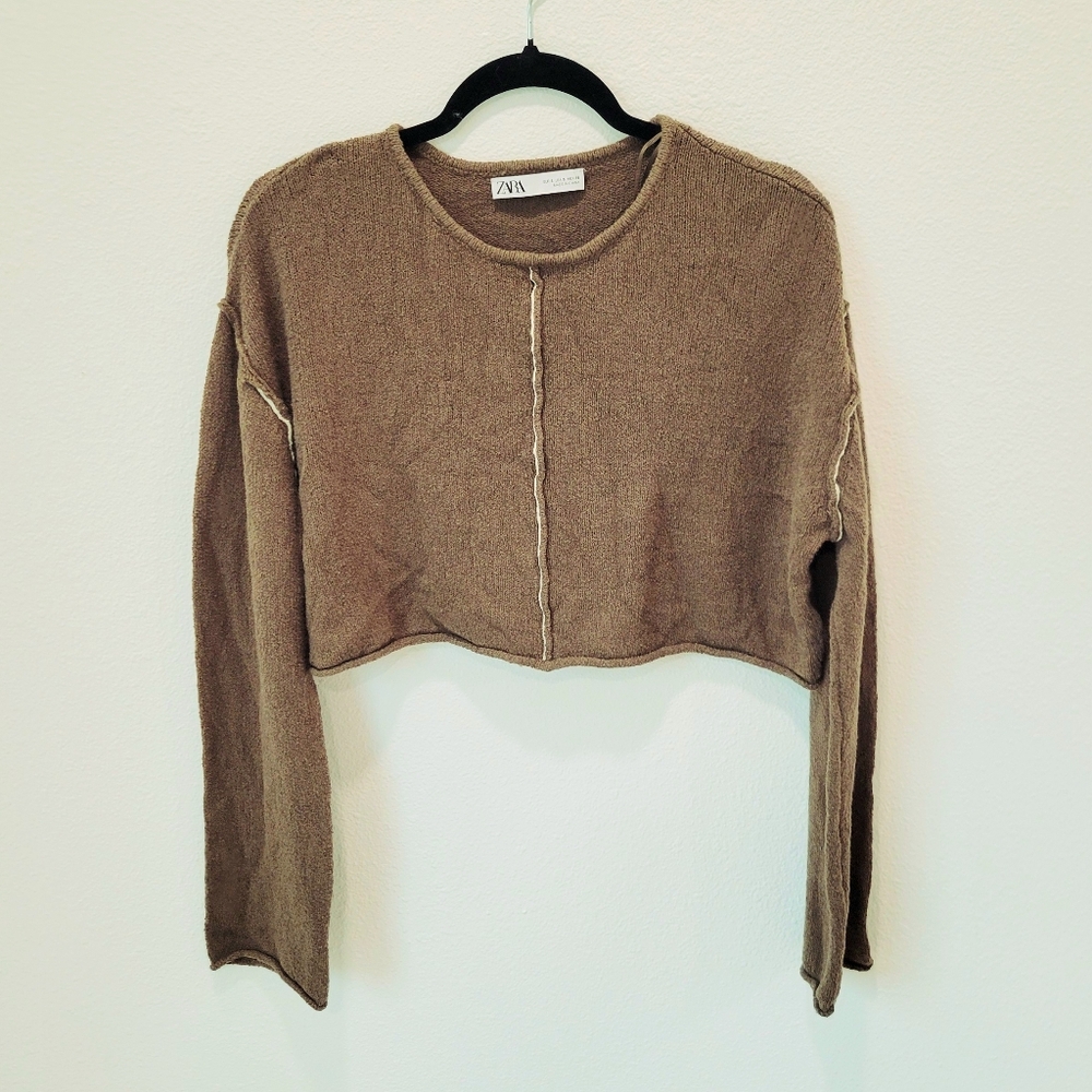 Zara‎ Dark Olive Green Cropped Sweater Raw Edge Rolled Hem Women’s S